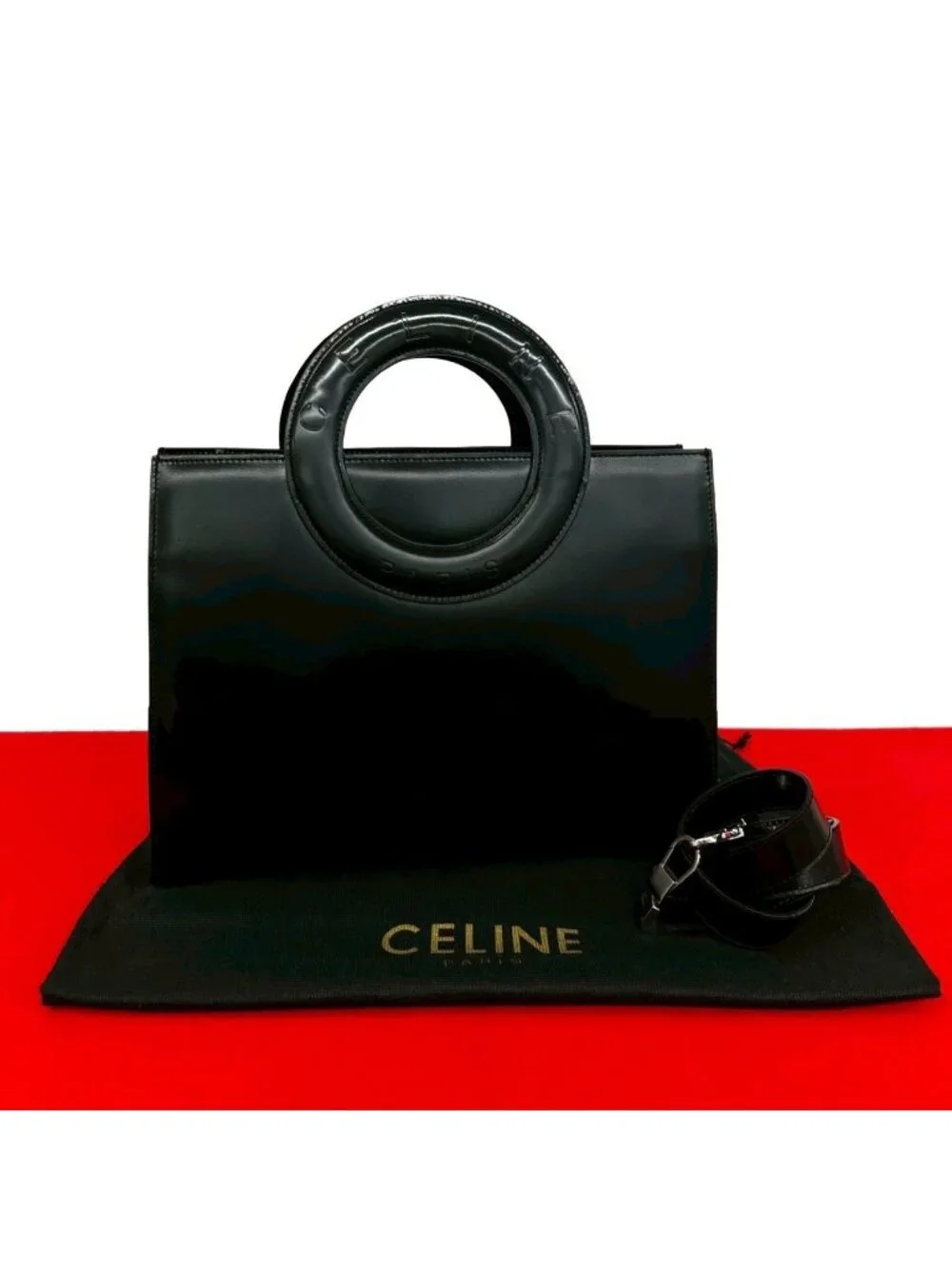 Celine Circle Logo Leather 2-Way Shoulder Bag Mini Tote Black